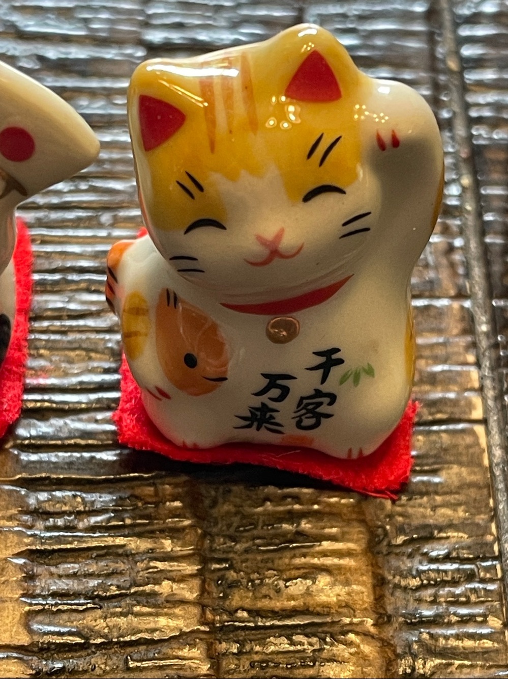 Set of Three Ceramic Lucky Cat Figurines - White with Yellow & Black Accents - Picture 3 of 5